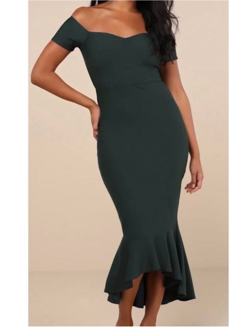 Lulu's Forest Green Off-Shoulder Mermaid High-Low Dress